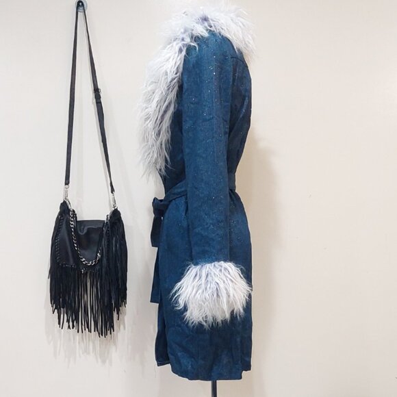 💋GORG!💋LIMITED EDITION FAUX MONGOLIAN FUR COLLAR GLITTERY DENIM AFGHAN COAT - Picture 3 of 16